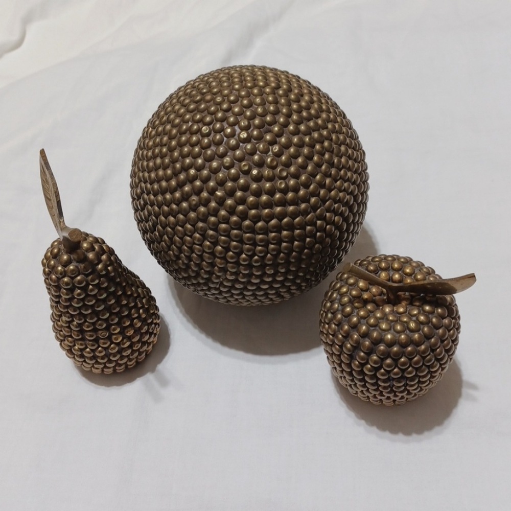 Vintage 3-Piece Decor Set Beaded / Studded Brass Apple, Pear & Large Ball
